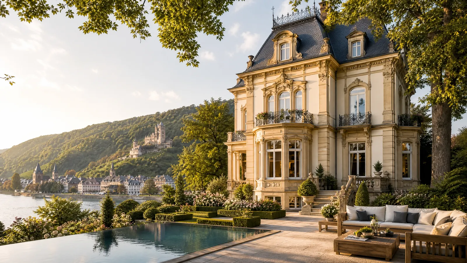 Restored German heritage architecture in a landscape setting — substance, character, warm evening light.